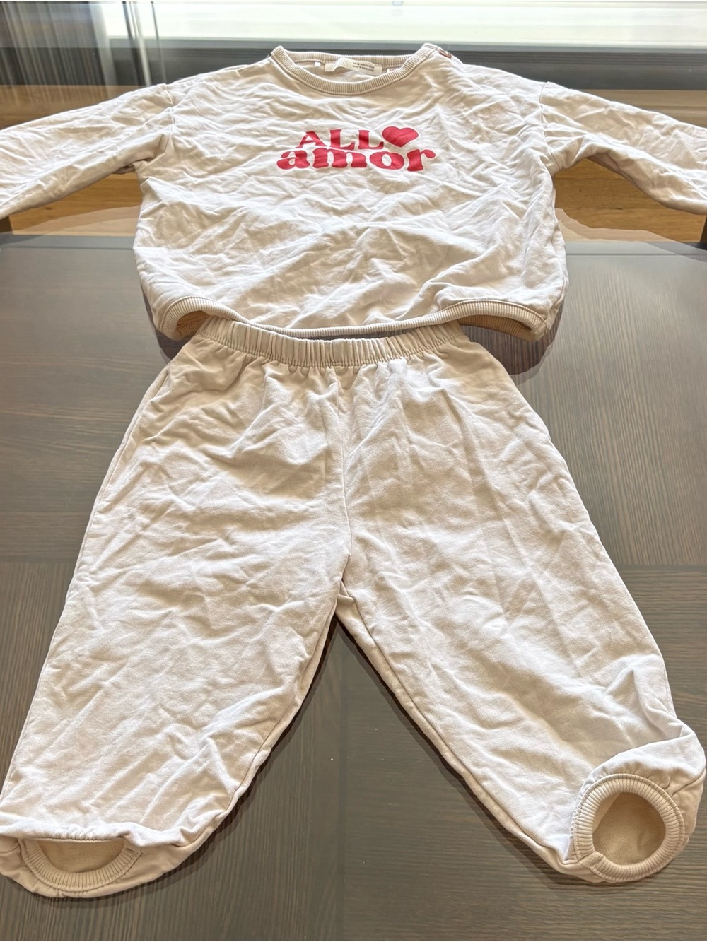 Zara Unisex Baby 12-18M 2pc Cotton Knit Sweatshirt & Pants Set Beige/Red